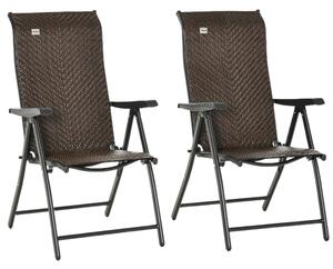 Outsunny Set of 2 Outdoor Wicker Folding Chairs, Patio PE Rattan Dining Armrests Chair set with Adjustable Backrest, for Outdoors, Camping, Red Brown