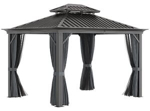 Outsunny 3.7 x 3(m) Outdoor Hardtop Gazebo Canopy Aluminum Frame with 2-Tier Roof & Mesh Netting Sidewalls for Patio, Grey