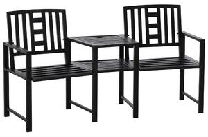 Outsunny Patio Tete-a-tete Chair 2 Seat Bench Middle Coffee Table w/ Umbrella Hole for Outdoors Decorative Slatted Design Steel Frame Black