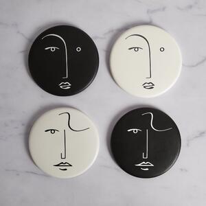 Set of 4 Ceramic Faces Coasters White/Black