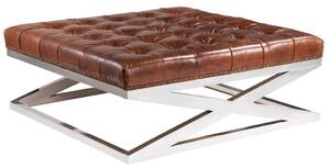 Chesterfield Large Square Metal Criss Cross Footstool Vintage Distressed Brown Real Leather