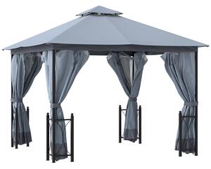 Outsunny 4 x 3.35(m) Patio Metal Gazebo Canopy Garden Tent Sun Shade, Outdoor Shelter with 2 Tier Roof, Netting and Curtains, Steel Frame, Grey