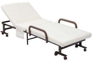 HOMCOM Folding Bed with 8cm Mattress, Portable Foldable Guest Bed with Adjustable Backrest, Metal Frame on Wheels, Brown