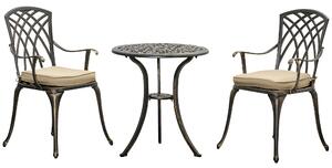 Outsunny 3 Piece Cast Aluminium Garden Bistro Set for 2 with Parasol Hole, Outdoor Coffee Table Set with Cushions - Bronze