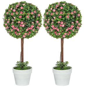 HOMCOM Set of 2 Decorative Artificial Plants, Ball Topiary Tree with Rose Flower in Pot, Fake Plants for Home Indoor Outdoor Decor, 60cm, Pink