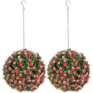 HOMCOM Set of 2 Decorative Artificial Plants, UV-protected Artificial Plant Topiary Rose Balls, Fake Plants for Home Indoor outdoor Decor, 28cm, Pink