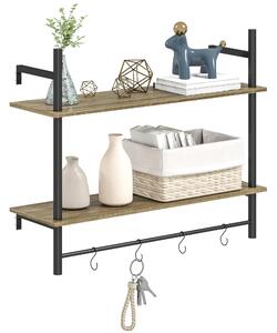 HOMCOM Wall Mounted Floating Shelves with 4 Hooks, Rustic Wall Shelf Unit for Living Room, Entryway, Grey