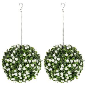 HOMCOM Set of 2 Decorative Artificial Plants, UV-protected Artificial Plant Topiary Rose Balls, Fake Plants for Home Indoor outdoor Decor, 28cm, White