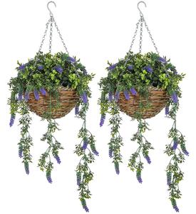 HOMCOM Set of 2 Decorative Artificial Plants, Faux Silk Lavender Flowers in Hanging Baskets, Fake Plants for Home Indoor Outdoor Decor, Purple