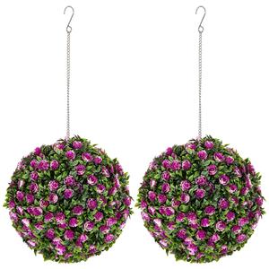 HOMCOM Set of 2 Decorative Artificial Plants, UV-protected Artificial Plant Topiary Rose Balls, Fake Plants for Home Indoor outdoor Decor, 28cm, Purple