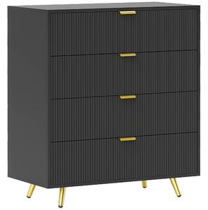 HOMCOM Bedroom Chest of Drawers with 4 Drawers, Fluted Dresser with Gold Tone Handles, Storage Cabinet for Bedroom, Living Room, Hallway, Entryway, Black