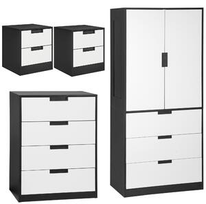 HOMCOM Bedroom Furniture Set, Wardrobe with Hanging Rod, 4 Drawer Chest of Drawers, 2 Bedside Tables with Storage, White and Black