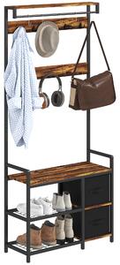 HOMCOM Coat Rack with Bench and Shoe Storage, 4-in-1 Coat Stand with 15 Coat Hooks, 2 Fabric Drawers for Hallway, Living Room, Bedroom, Rustic Brown