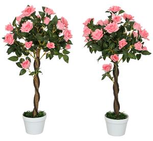 Outsunny Set of 2 Artificial Plants Pink Rose Floral in Pot, Fake Plants for Home Indoor Outdoor Decor, 90cm