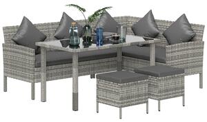 Outsunny tsunny 6-Seater Rattan Dining Set Sofa Table Footstool Outdoor w/ Cushion Garden Furniture, Dark Grey