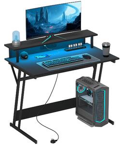 HOMCOM Gaming Desk with LED Lights and Power Outlets, 100 x 60cm Z Shaped Computer Desk with Monitor Stand and Steel Frame, PC Gaming Table for Home Office, Black