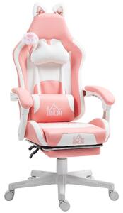 HOMCOM Cat Ear and Paw Reclining Office Chair, with Footrest - Pink/White