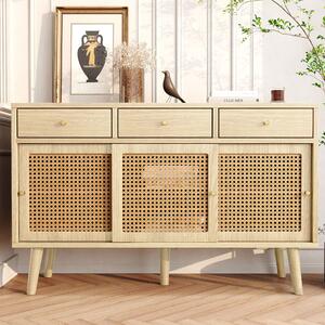 Rattan Door Sideboard with Adjustable Shelves, Smooth Slide Rail and Wooden Frame, Retro Design for Hallway, 120L x 40W x 78H cm, Light Oak Aosom.UK