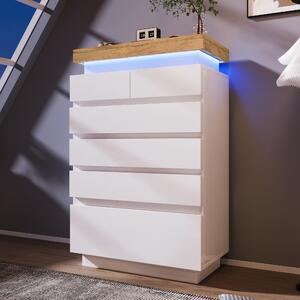 High-Gloss Storage Cabinet with 6 Storage Drawers, LED lighting Chest of Drawers for Bedroom, Living Room, 73L x 39W x 115H cm, White Aosom.UK