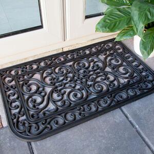 Curved Ornate Iron Black Rubber Outdoor Entrance Doormat