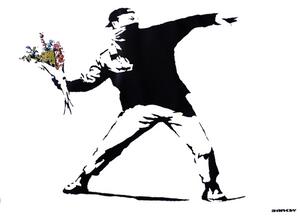 Poster Banksy street art - graffiti throwing flowers, (59 x 42 cm)
