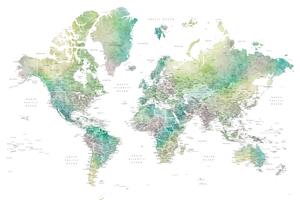 Map Watercolor world map with cities in muted green, Oriole, Blursbyai, (40 x 26.7 cm)