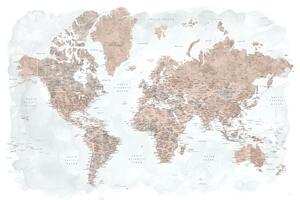 Map Neutrals and muted blue watercolor world map with cities, Calista, Blursbyai, (40 x 26.7 cm)