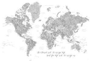 Map We travel not to escape life, gray world map with cities, Blursbyai, (40 x 26.7 cm)