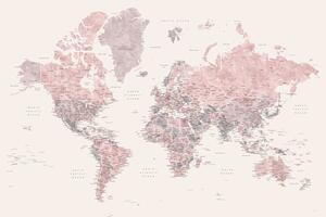 Map Detailed watercolor world map in dusty pink and cream, Madelia, Blursbyai, (40 x 26.7 cm)