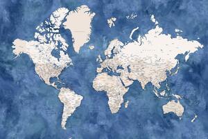 Map Blue and beige watercolor detailed world map, Blursbyai, (40 x 26.7 cm)