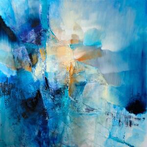 Illustration spring is knocking - composition in blue and orange, Annette Schmucker, (40 x 40 cm)