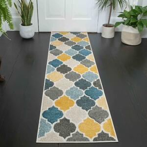 Soft Moroccan Tiled Pattern Yellow Blue Hall Runner Rugs | Westland