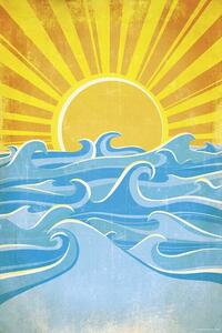 Poster Sea Waves and Yellow Sun, (61 x 91.5 cm)