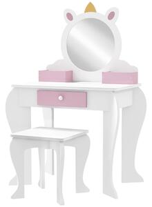 ZONEKIZ Unicorn-Design Dressing Table for Kids, Includes Mirror and Stool, White