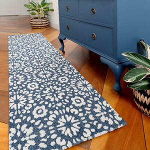 Floral Geometric Blue Woven Sustainable Recycled Cotton Runner Rug | Kendall