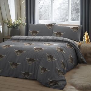 Fusion Highland Cow Grey Reversible Duvet Cover and Pillowcase Set Grey/Brown