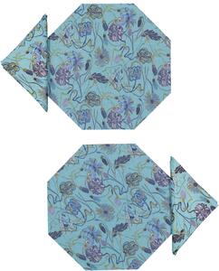 SET OF 2 BOUQUET OCTAGONAL PLACEMATS AND NAPKINS IN LIGHT BLUE