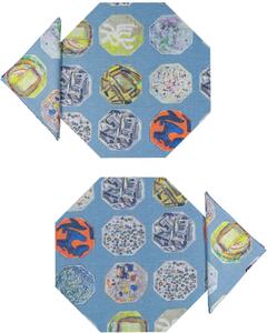 SET OF 2 MEDAILLONS OCTAGONAL PLACEMATS AND NAPKINS IN LIGHT BLUE
