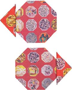 SET OF 2 MEDAILLONS OCTAGONAL PLACEMATS AND NAPKINS IN RED