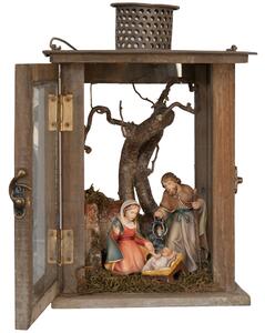 Wooden Lantern with Nativity Crib and Family B 10cm