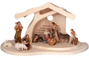 Modern Nativity set with stable and 11 Salcher figurines