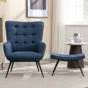 Keene Fabric Accent Chair With Stool In Denim Blue