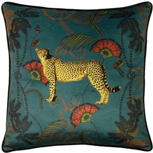Tropical Cheetah Velvet Piped 45cm x 45cm Filled Cushion Teal