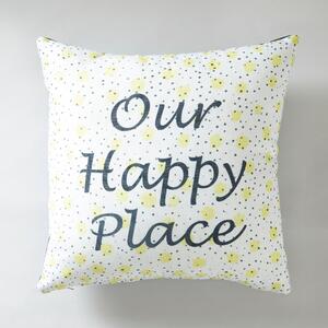 Happy Place Slogan Cushion Blue, Yellow and White