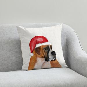 Boxer Christmas Hat Cushion White, Brown and Red