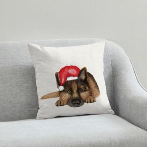 German Shepherd Christmas Hat Cushion White, Brown and Red