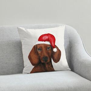 Dachshund Christmas Hat Cushion White, Brown and Red