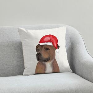 Staffy Christmas Hat Cushion White, Brown and Red