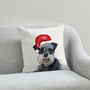 Schnauzer Christmas Hat Cushion White, Grey and Red