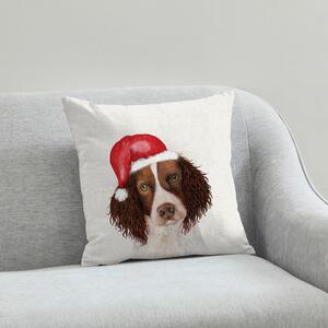 Spaniel Christmas Hat Cushion White, Brown and Red